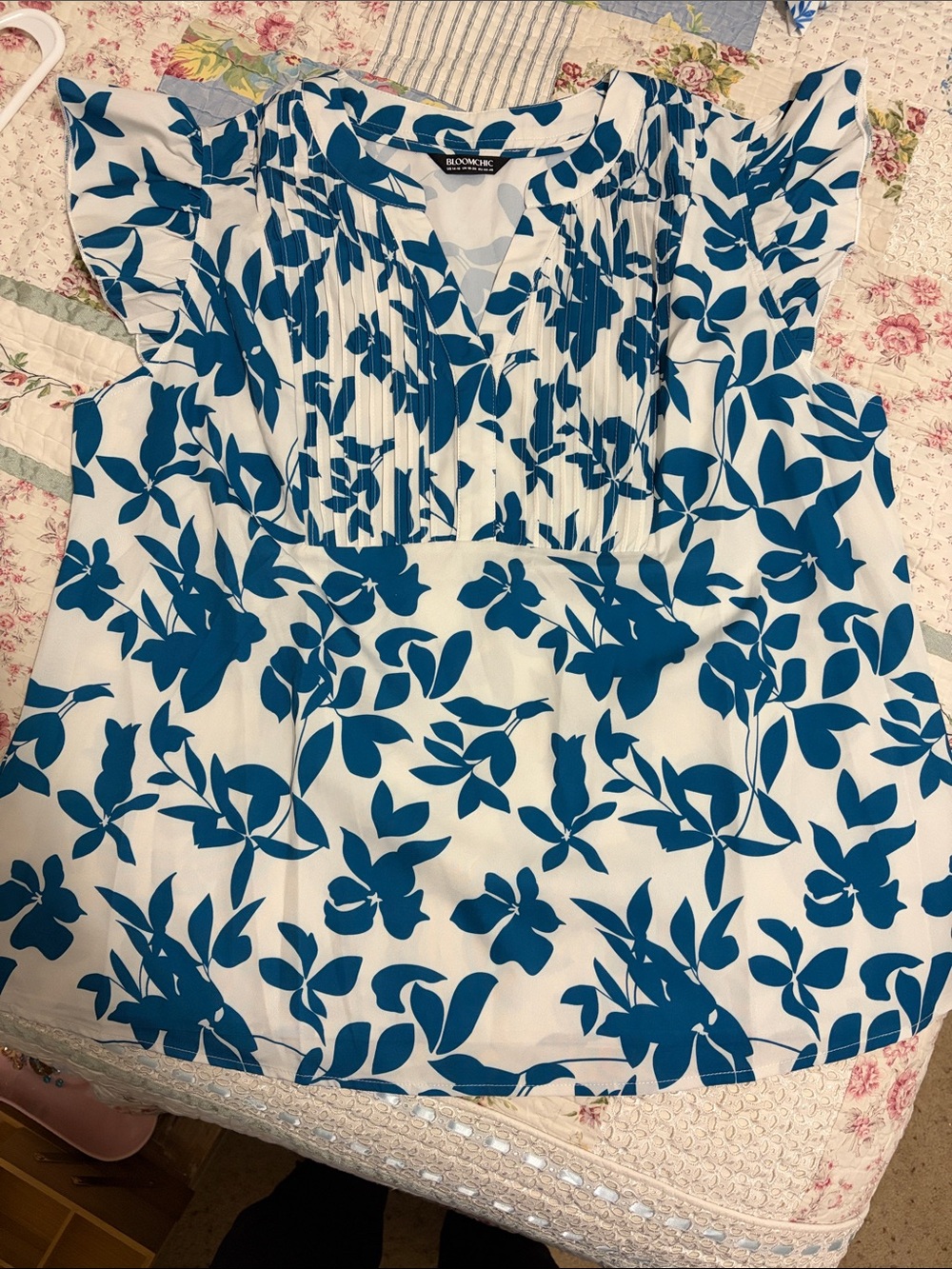 Bloom Chic White Top with Blue Floral Print and Flutter Sleeves